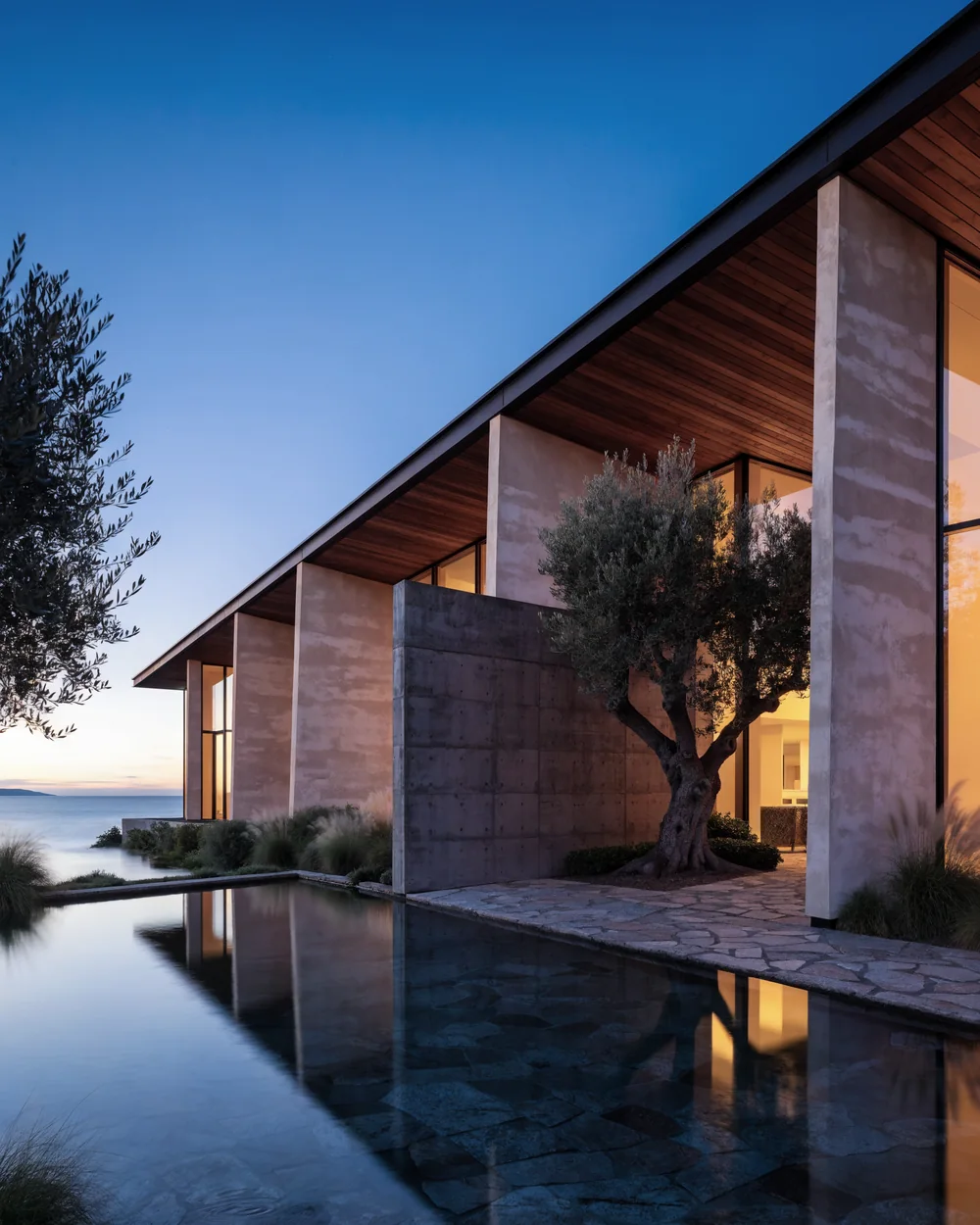 Modern coastal residence at dusk with warm interior light